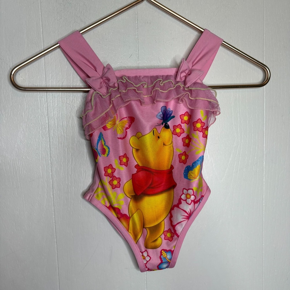 Vintage Y2K Disney Winnie The Pooh One Piece Swimsuit 3T Pink Mesh Ruffle Trim